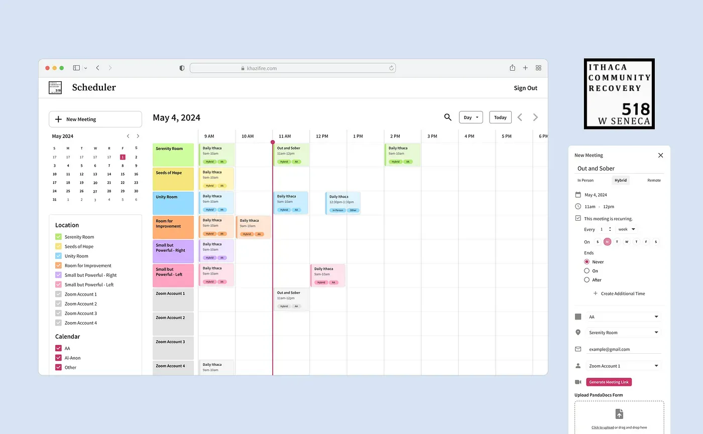 Screenshot of the Ithaca Community Recovery automated meeting scheduler app
