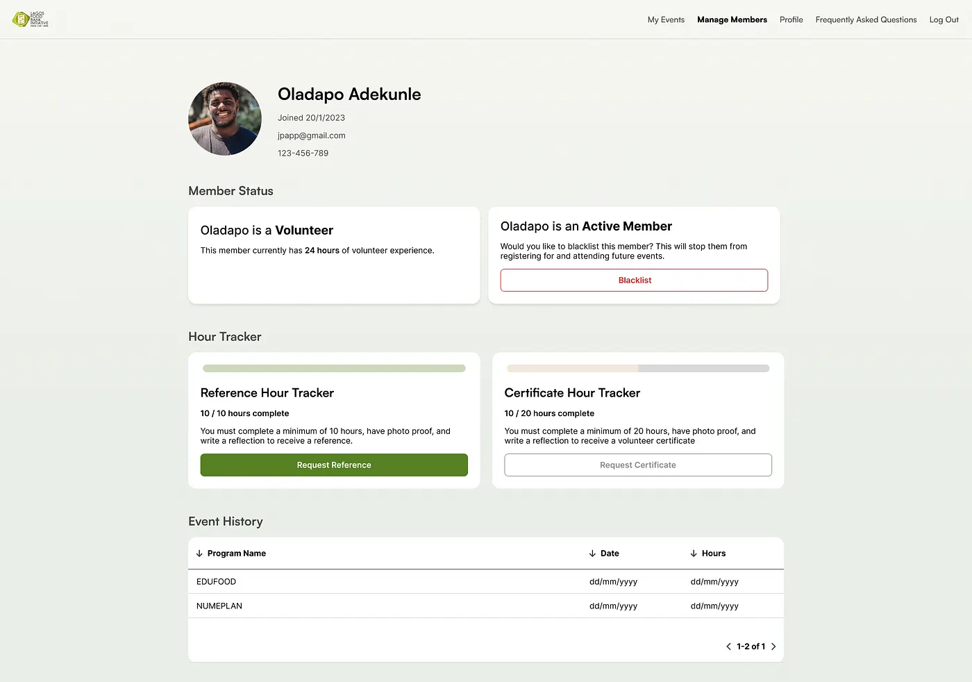 Screenshot of the Lagos Food Bank Initiative volunteer management system