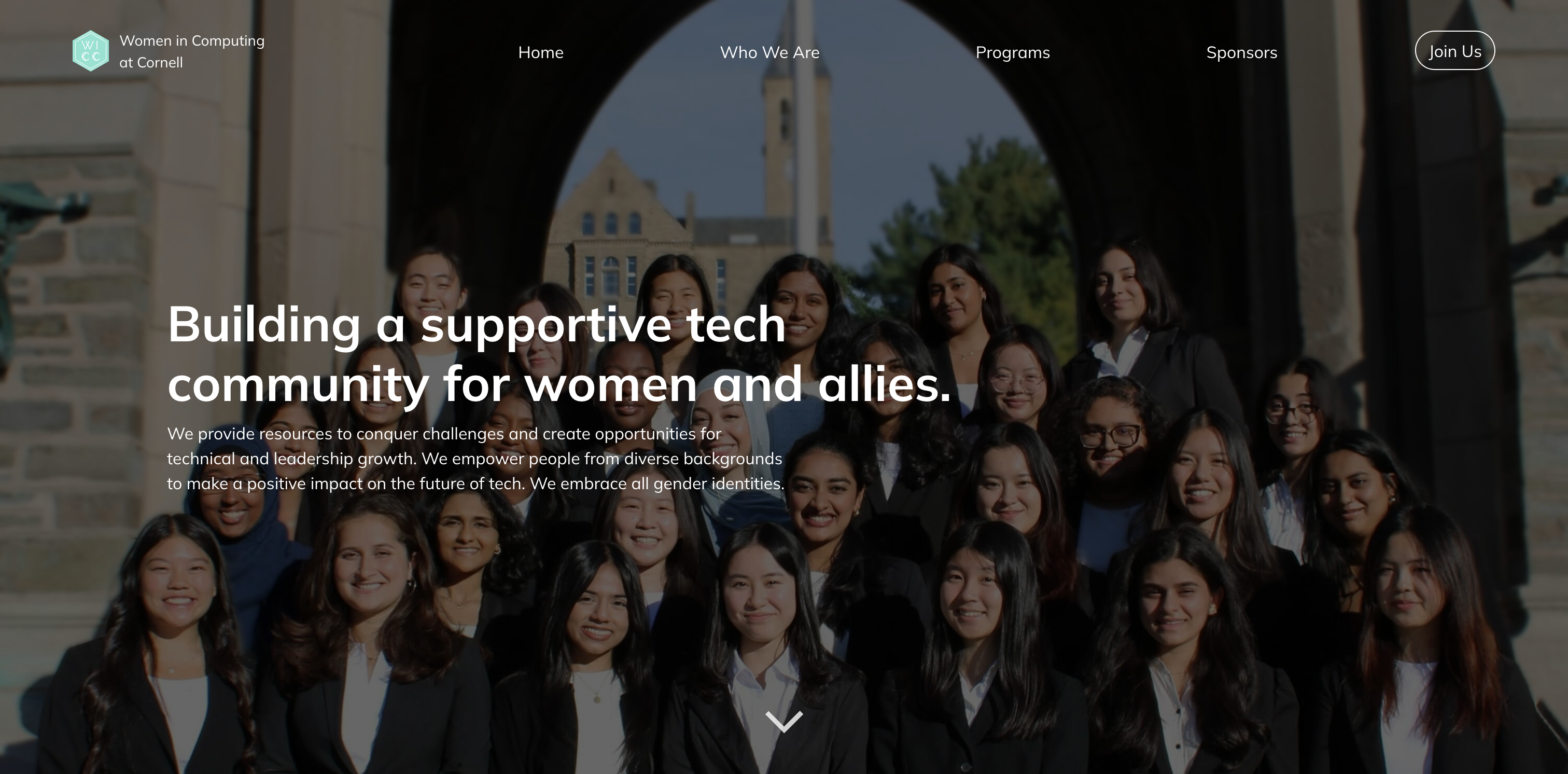 Screenshot of the Women in Computing at Cornell website homepage
